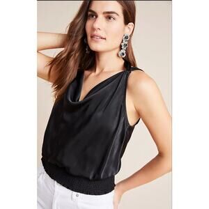 Maeve Antropologie Ailda Shirt Womens 00 Black Satin Cowl Neck Sleeveless Blouse